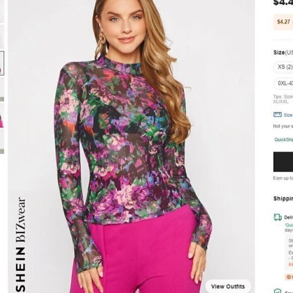 SHEIN BIZwear Floral Print Mock Neck Mesh Top Without Bra womens size medium - Picture 2 of 4